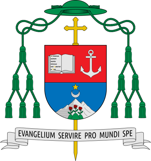 Coat of arms of the Italian Bishop Guglielmo Borghetti, Bishop of Pitigliano-Sovana-Orbetello.