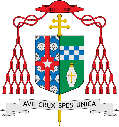 Coat of Arms U.S. Cardinal Daniel DiNardo, Archbishop of Galveston-Houston. Coat of Arms The Archepiscopal heraldic achievement or Archbishop's coat of arms is composed of a shield with its charges (symbols), a motto scroll and the external ornamentation. The shield, which is the central and most important feature of any heraldic device, is described (blazoned) in 12th century terms that are archaic to our modern language, and this description is presented as if given by the bearer with the shie