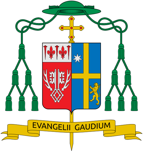 Coat of arms of the U.S. bishop John Francis Doerfler, Bishop of Marquette. Blazon: "Party per pale. Dexter: Gules, two keys palewise wards outwards between two stag's attires Argent on a chief of the same two fleur-de-lys between three passion nails of the first. Sinister: Azure, a cross Or between a star of seven points Argent in the first canton and a lion rampant Or in the fourth canton" Motto: Evangelii gaudium Reference: www.dioceseofmarquette.org