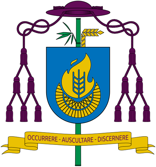 Coat of arms of Joseph Đỗ Quang Khang, the diocesan bishop of Bắc Ninh. Blazon: Azure, a quai thao hat (representing Bắc Ninh Diocese) charged with a flame (representing the Gospel) superimposed with rice wheat (representing the Gospel field), all or'