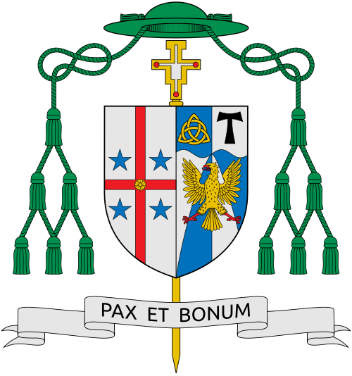 Coat of arms of the U.S. bishop Gregory John Hartmayer, Bishop of Savannah. Motto: Pax et Bonum – Peace and Good – are the words that were used by St. Francis in his greetings to others. It embodied the simplicity and goodness he saw in all of God's Creation. Blazon: Impaled, at dexter (for Savannah), argent on a cross gules a rose or between four mullets azure and at sinister (for Bishop Hartmayer), per pale argent and azure a chief wavy of one crest depressed in the center of one point and iss