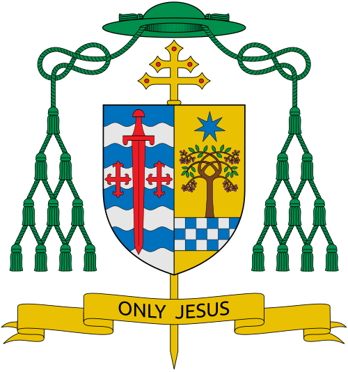 Coat of arms of the U.S. Archbishop Bernard Anthony Hebda, Archbishop of Saint Paul and Minneapolis, Minnesota, USA. Heraldic description: Impaled. Dexter: Azure, a chevronel Argent between two six- point stars of the last in chief and a crosslet Or in base, all within a wavy bordure of the second. Sinister: Or, an elderberry tree fructed, all proper, issuant from a fess chequy Azure and Argent and surmounted by a seven points star of the second. Motto: "ONLY JESUS ", (Mk 9,8) Reference: www.ar