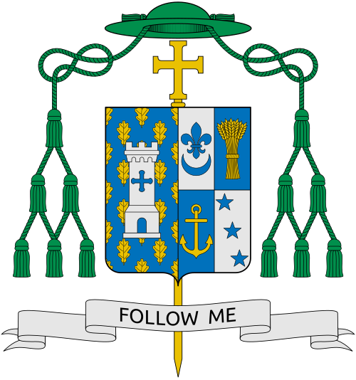 Coat of arms of the U.S. bishop Terry Ronald LaValley, Bishop of Ogdensburg. The episcopal heraldic achievement, or as it is more commonly known, the Bishop's Coat of Arms, is composed of a shield with its charges (symbols),a motto scroll and the external ornaments. The shield, which is the central and most important feature of any heraldic device, is described (blazoned) in 12th century terms that are archaic to our modern language. By heraldic tradition, the arms of the Local Bishop (called th