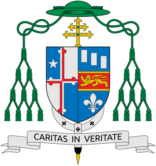 Coat of arms of Monsignor William Edward Lori, archbishop of Baltimore. Azure, a Fess Gules Fimbriated or, Charged With a Lion Passant Guardant or, Armed and Langued Azure, In Chief Three Billets in Bend Argent And In Base a Fleur-De-Lis Also Argent, Impaled With the Arms Of The Archdiocesan See of Baltimore And for a Motto: Caritas · In · Veritate. Reference: www.archbalt.org
