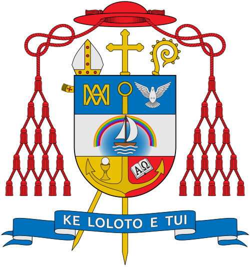 Coat of Arms of the Cardinal Soane Patita Paini Mafi, Bishop of Tonga. Reference: www.araldicavaticana.com