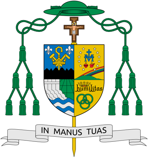 This is a representation of the Coat of Arms of Roberto Calara Mallari, Roman Catholic Bishop of San Jose, Nueva Ecija
