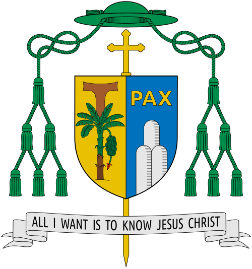 Coat of arms of the Bishop Gabriel Malzaire, bishop of Roseau, Dominica (Antilles). Reference: aecrc.org