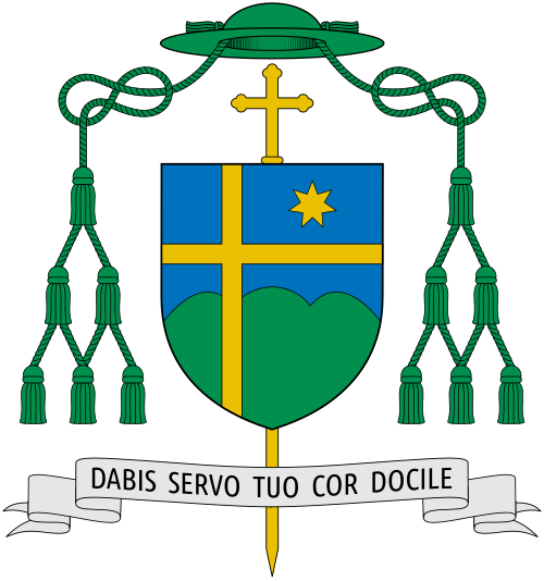 Coat of arms of the Italian Bishop Nazzareno Marconi, Bishop of Macerata-Tolentino-Recanati-Cingoli-Treia.
