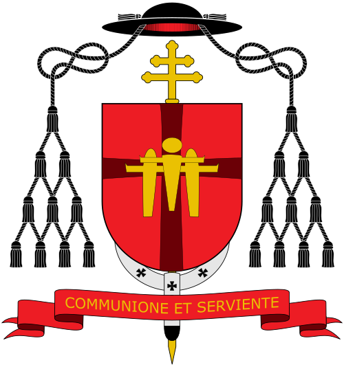 Coat of arms of Joseph Nguyễn Năng. Blazon: Gules, a cross sanguine, charged with three figures or resembling a gate and also a monogram HT.