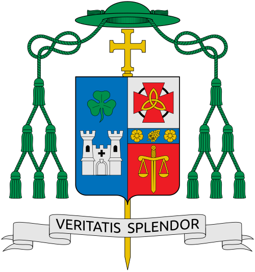 Coat of arms of the U.S. bishop Michael Fors Olson, Bishop of Fort Worth. The episcopal heraldic achievement, or bishop's coat of arms, is composed of a shield, the central and most important part of the design, a scroll with a motto, and the external ornamentation. By heraldic tradition, the arms of the bishop of a diocese are joined with the arms of his jurisdiction, seen in the left side of the design. These arms are composed of a blue field, to honor the most Blessed Virgin Mary, on which is