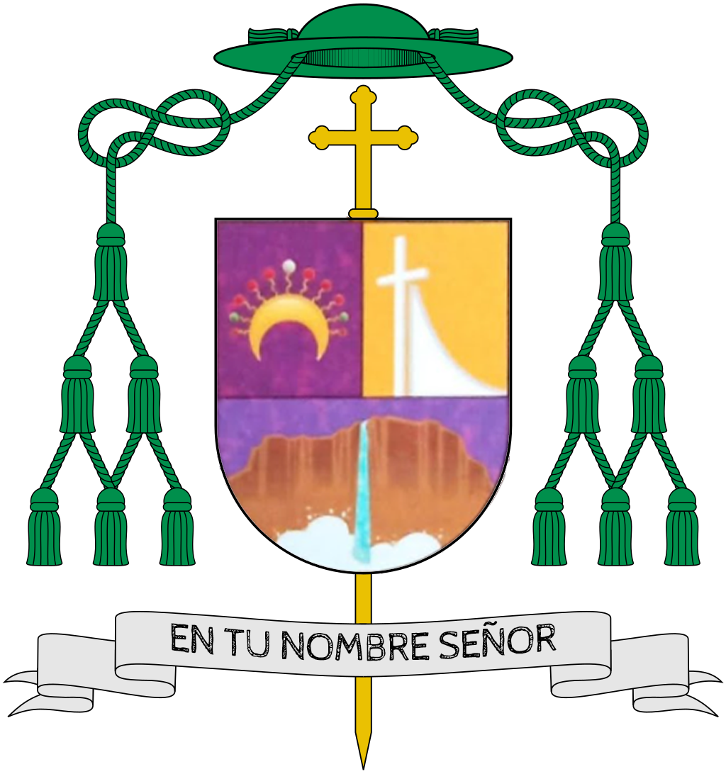 Escudo de Armas de su episcopado, en la parte superior izquierda la corona de la Virgen de la Consolación, su patrona. en la parte superior derecha la cruz de la Capilla del Seminario donde fue formado, rector y donde recibió la ordenación episcopal y en la parte inferior el Salto Angel, icono de la Gran Sabana donde está el vicariato apostólico del Caroní.