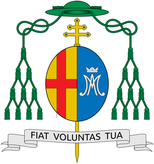 Coat of arms of the Mexican Archbishop Jorge Carlos Patrón Wong, Official of the Congregation for the Clergy.