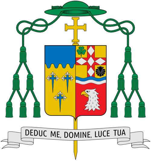 Coat of arms of the U.S. bishop James Patrick Powers, Bishop of Superior. Blazon: Arms impaled. Dexter: Or, three crosses fitchy floretty Azure, the fleur-de-lis of each Argent; a chief wavy of the second. Sinister: Party per fess, Or and Gules, the fess barry wavy of two Azure and Argent; to chief a cross of the second charged with five lozenges of the fourth, between to chief dexter a trefoil Vert and to base sinister an escallop Sable; in base the head of an American Bald Eagle, erased, Prope