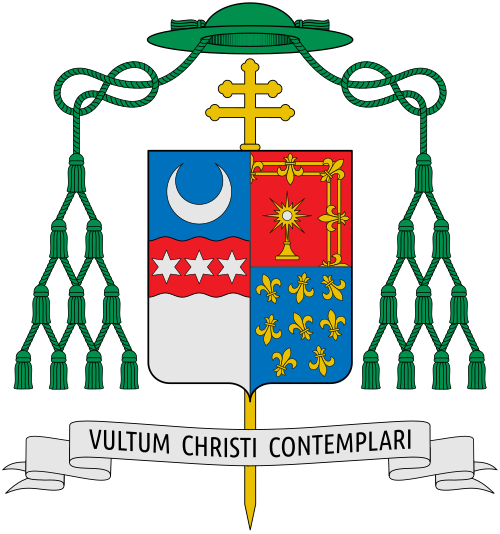 Coat of arms of the U.S. Archbishop Alexander King Sample, Archbishop of Portland in Oregon. Blazon: Arms impaled. Dexter: Per fess Azure and Argent, on a fess wavy Gules three mullets of six points of the second and in chief a crescent of the second. Sinister: per fess; to chief, Gules a monstrance Or within a single quarter of tressure flory and counter flory of the second and to base Azure a random semé of fleur-de-lis Or. Significance: The archiepiscopal heraldic achievement or bishop's coat