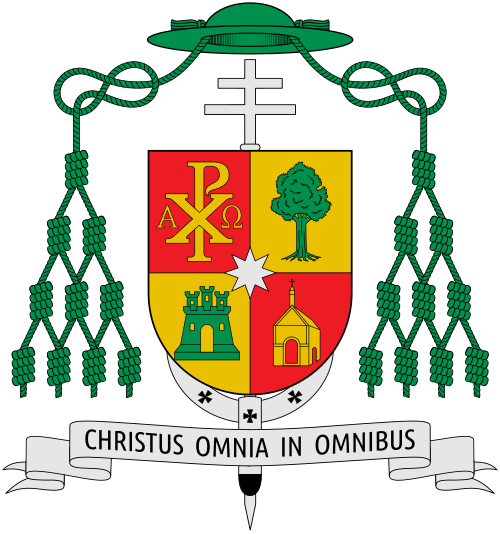 Coat of arms of the Spanish Archbishop Jesús Sanz Montes, Archbishop of Oviedo