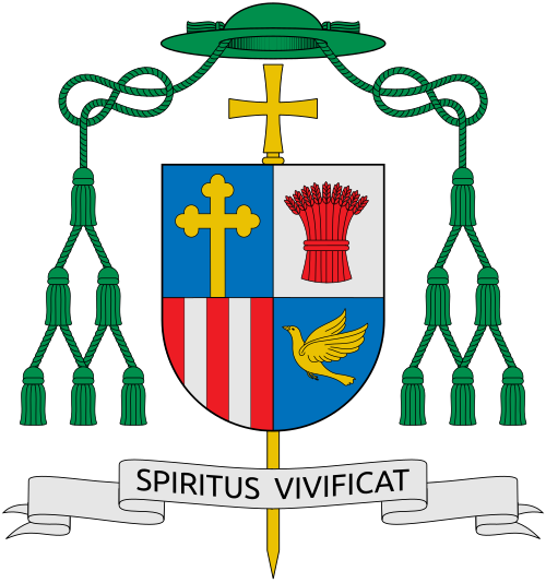 Coat of arms of Manfred Scheuer, bishop of Innsbruck, Austria (2003 - 2015), bishop of Linz, Austria (2015 - ). Version used in Linz. Original drawing: https://www.dioezese-linz.at/bischof-scheuer/wappen designed by Studio of Erika und Georg Watzenegger. External elements and diocesan part by SajoR Garb by Juergenk59 Dove by Etxeko