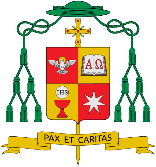 Coat of arms of the Thai Bishop Silvio Siripong Charatsri, Bishop of Chanthaburi. Reference: haab.catholic.or.th