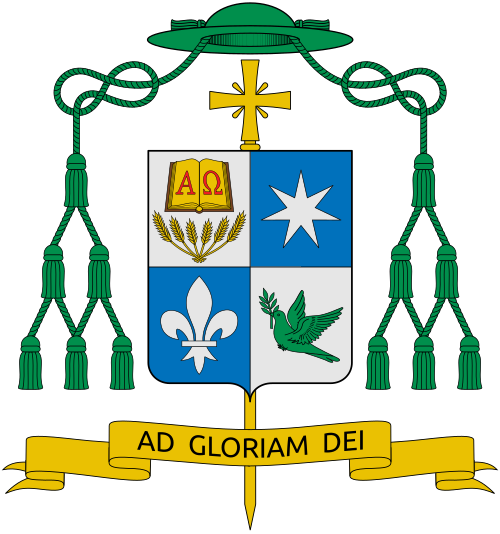 Coat of arms of the Thai Bishop Joseph Chusak Sirisut, Bishop of Nakhon Ratchasima. Reference: haab.catholic.or.th