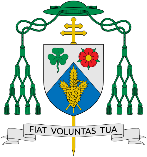 Coat of arms of the Canadian Archbishop Richard William Smith, Archbishop of Edmonton. Blazon Per chevron Argent and Azure, in chief a trefoil Vert and a rose Gules barbed and seeded proper, in base three ears of wheat bound and surmounted by a cluster of grapes Or; Motto FIAT VOLUNTAS TUA; Symbolism The shamrock refers to Bishop Smith's maternal Irish ancestry, and the rose to his paternal English ancestry. The wheat and grapes represent the Eucharist, the source and summit of the Christian lif