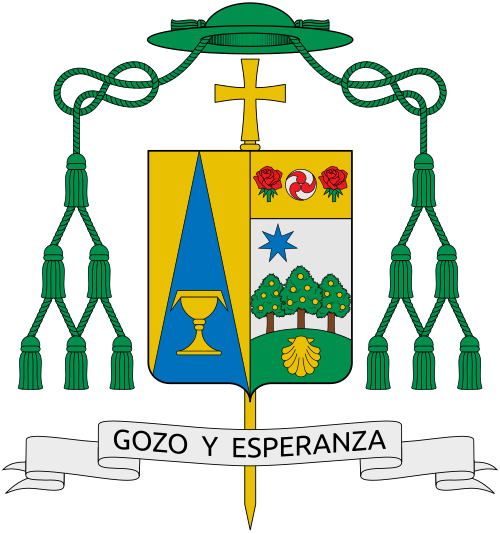 Coat of arms of the U.S. bishop Jaime Soto, Bishop of Sacramento. By heraldic tradition, the arms of the bishop of a diocese are joined with the arms of his jurisdiction. Thus, the left side of the shield represents the Diocese of Sacramento, and the right side represents the personal symbols of Bishop Soto. The arms of the Diocese of Sacramento (left side) are composed of a blue field with gold that appears to be draped from the top of the design. This appearance, combined with the gold chalice