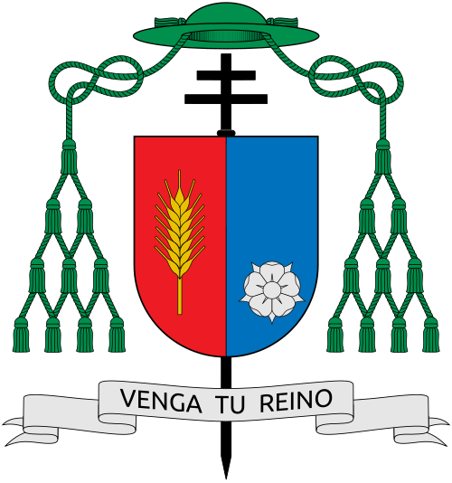 Escudo episcopal de monseñor Ricardo Tobón Restrepo, Arzobispo de Medellín. Colombia. Descripción heráldica: Escudo partido. El primer campo de gules (rojo); en él, una espiga de oro (amarillo). El segundo de azur (azul), con una rosa de plata (blanco) en el cantón inferior. Lleva en la cimera una cruz episcopal en sable (negro). Por divisa, sobre cinta de plata, la inscripción: "Venga tu Reino".