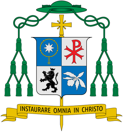 Escudo de armas del obispo guatemalteco Rodolfo Valenzuela Núñez, obispo de Verapaz, Cobán.