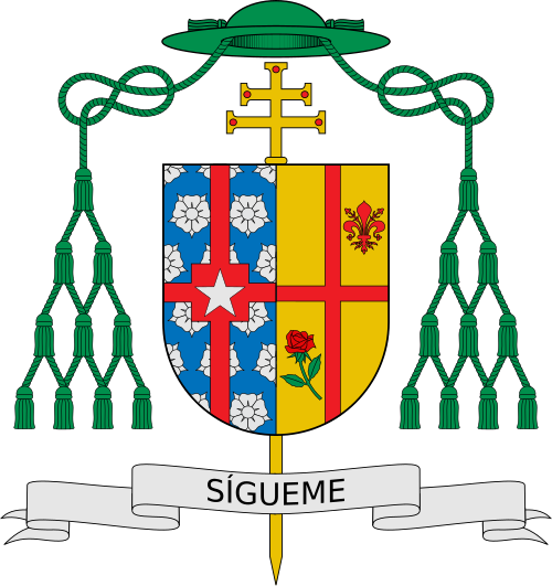 The Archepiscopal heraldic achievement or Archbishop's coat of arms is composed of a shield with its charges (symbols), a motto scroll, and the external ornamentation. The shield, which is the central and most important feature of any heraldic device, is described (blazoned) in 12th-century terms. This description is presented as if given by the bearer with the shield being worn on the arm. Thus, where it applies, the terms dexter and sinister are reversed as the device is viewed from the front.