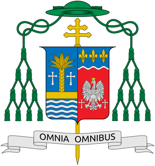 Coat of arms of the U.S. Archbishop Thomas Gerard Wenski, Archbishop of Miami. Now that he is Archbishop of Miami, Archbishop Thomas Wenski has blended his coat of arms with that of the Archdiocese of Miami. Here is an explanation of what the combined coat of arms represents. The left side of the coat of arms represents the Archdiocese of Miami. The palm tree in gold bespeaks the territory of the archdiocese, where this tree grows plentifully and luxuriously, so much so that it is practically a